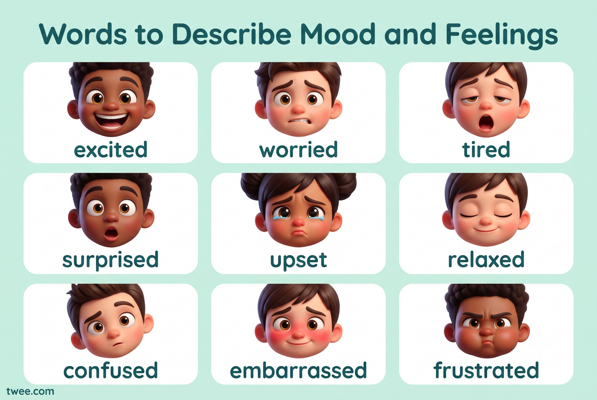 Words to describe mood and feelings - emotion vocabulary chart with faces