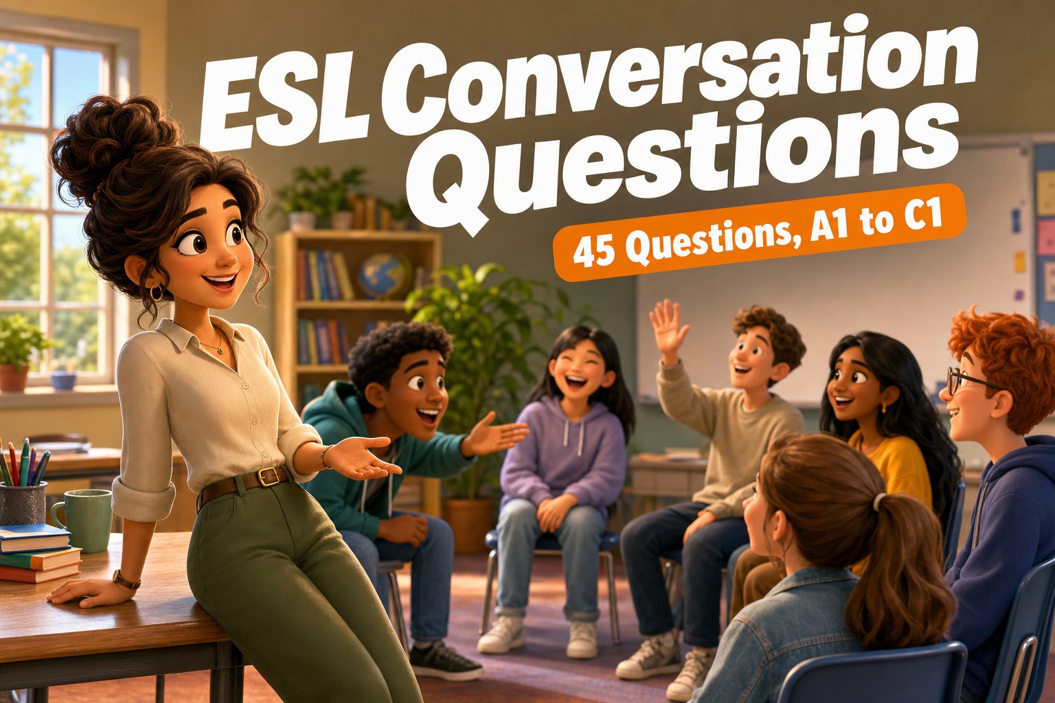 A teacher leaning on a desk mid-question while a circle of diverse students answer and interrupt each other in a bright classroom.