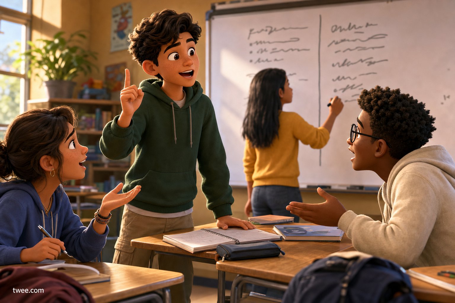 Teenage students in a classroom arguing a point, one standing with a hand raised, a whiteboard behind them split into two columns.
