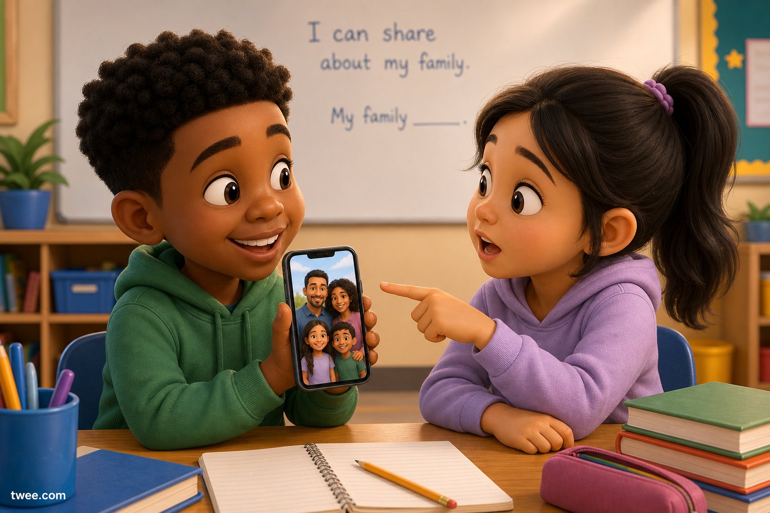 Two young students sitting side by side, one showing a photo on a phone while the other asks about it, with a sentence frame written on the whiteboard behind them.