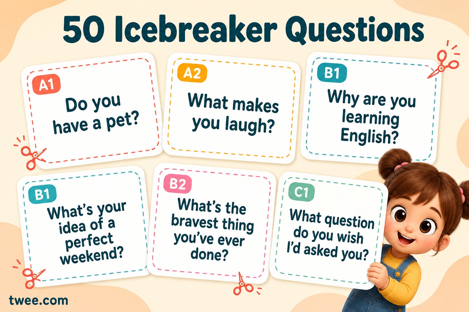 ESL icebreaker questions for students as printable cut-out cards, grouped by CEFR level