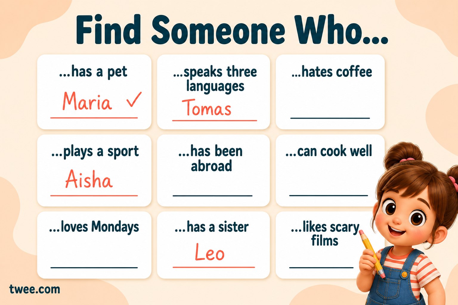 Find Someone Who… ESL icebreaker grid — a partly filled example card